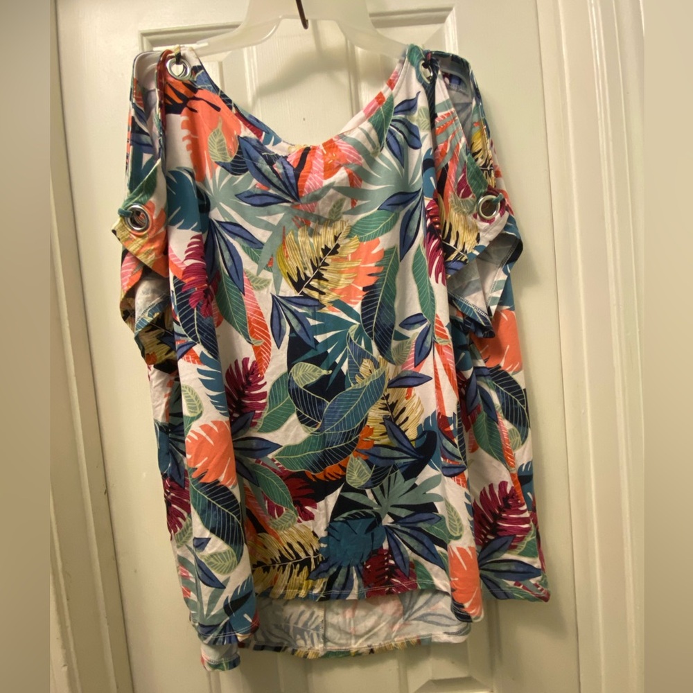 Tropical Print Cold Shoulder Top
